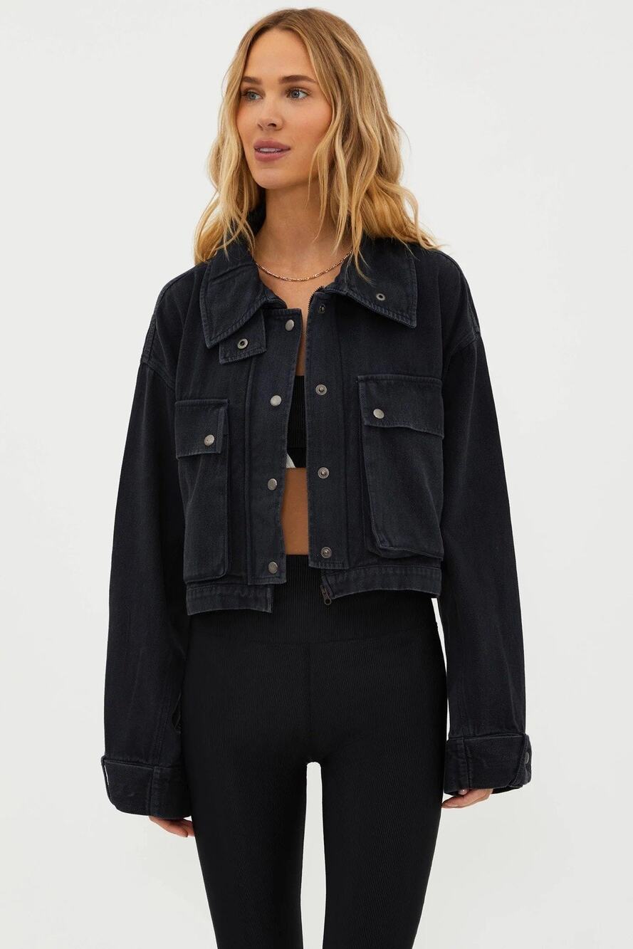 Beach Riot Isola Crop Jacket Size Large Black Baggy Oversized Boxy Fit $198